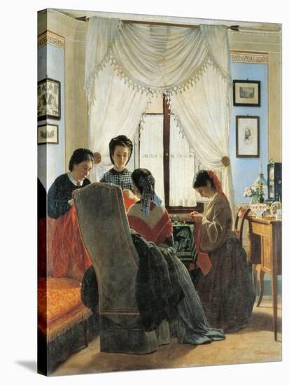 Women Stitching Red Shirts, 1863-Odoardo Borrani-Stretched Canvas