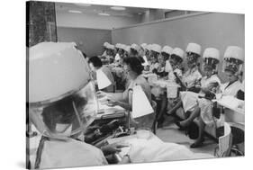 Women under Hair Dryers Getting Hair Styled in Beauty Salon at Saks Fifth Ave. Department Store-Alfred Eisenstaedt-Stretched Canvas