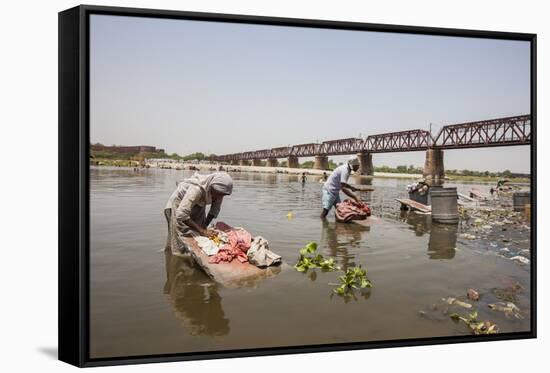 Women Wash Clothes in the Polluted Water of the Yamuna River-Roberto Moiola-Framed Stretched Canvas