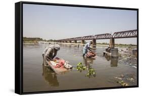 Women Wash Clothes in the Polluted Water of the Yamuna River-Roberto Moiola-Framed Stretched Canvas