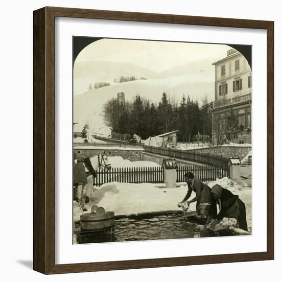 Women Washing Clothes at the Public Fountain in Midwinter, Zuoz, Switzerland-HC White-Framed Photographic Print