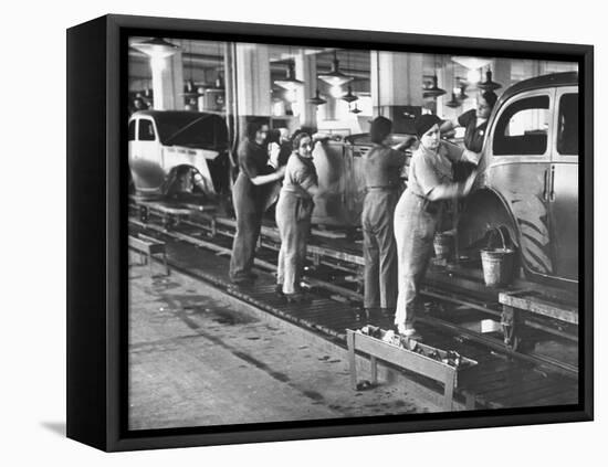 Women Washing Off the New Assemble Vehicles at the Fiat Auto Factory-Carl Mydans-Framed Stretched Canvas