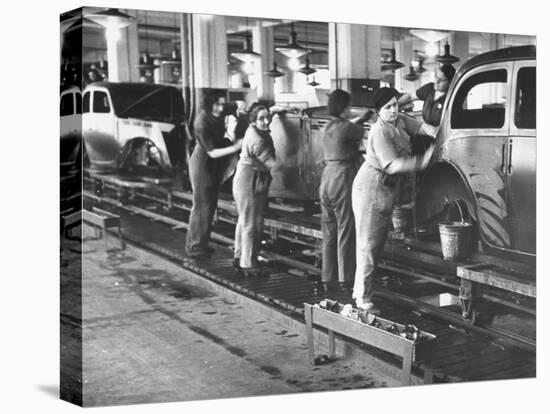 Women Washing Off the New Assemble Vehicles at the Fiat Auto Factory-Carl Mydans-Stretched Canvas