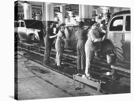 Women Washing Off the New Assemble Vehicles at the Fiat Auto Factory-Carl Mydans-Stretched Canvas