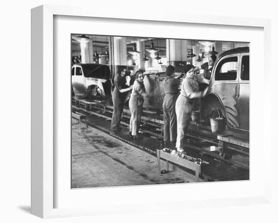 Women Washing Off the New Assemble Vehicles at the Fiat Auto Factory-Carl Mydans-Framed Photographic Print