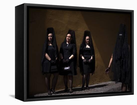 Women Wearing the Traditional Mantilla in Front of La Macarena Church in Seville, Spain-null-Framed Stretched Canvas