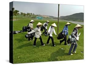 Women Wearing the Traditional Vietnamese Conical Hats Haul Golf Clubs-null-Stretched Canvas