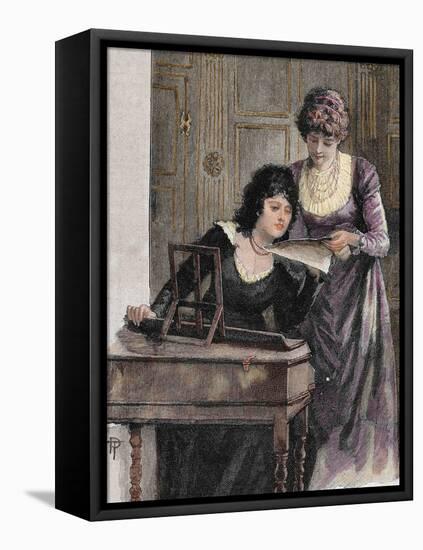 Women with a Harpsichord. Colored Engraving, 1895-Prisma Archivo-Framed Stretched Canvas