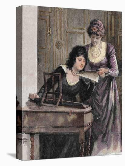 Women with a Harpsichord. Colored Engraving, 1895-Prisma Archivo-Stretched Canvas