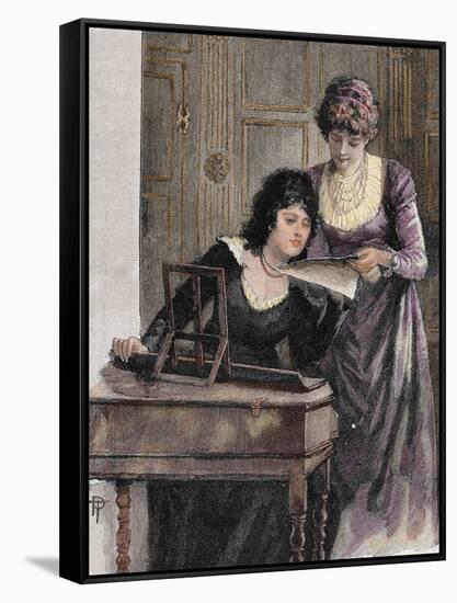 Women with a Harpsichord. Colored Engraving, 1895-Prisma Archivo-Framed Stretched Canvas