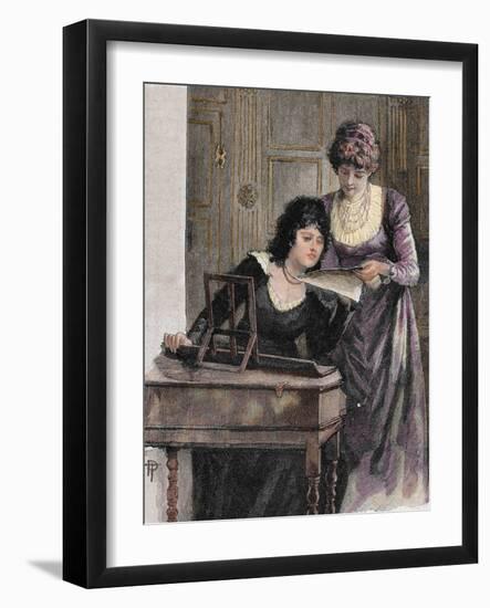 Women with a Harpsichord. Colored Engraving, 1895-Prisma Archivo-Framed Photographic Print