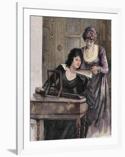 Women with a Harpsichord. Colored Engraving, 1895-Prisma Archivo-Framed Photographic Print