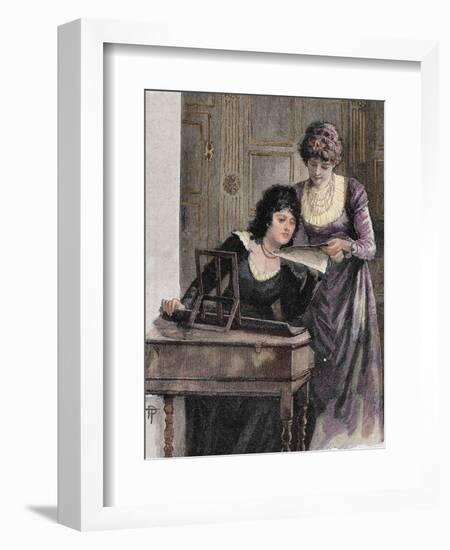 Women with a Harpsichord. Colored Engraving, 1895-Prisma Archivo-Framed Photographic Print