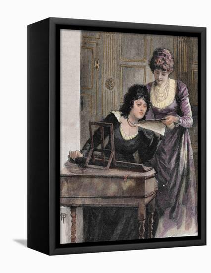 Women with a Harpsichord. Colored Engraving, 1895-Prisma Archivo-Framed Stretched Canvas