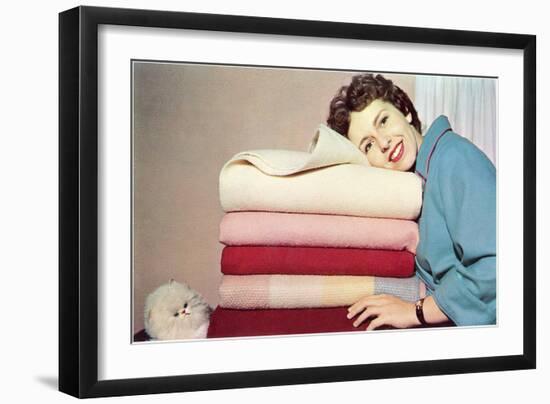 Women with Towels and Persian Cat, Retro-null-Framed Art Print