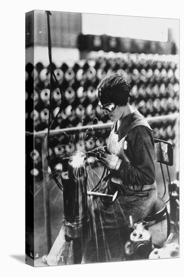 Women Worker in Safety Goggles Doing Acetylene Welding on Cylinder Water Jacket in Factory-null-Stretched Canvas