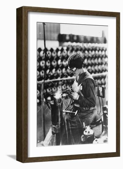 Women Worker in Safety Goggles Doing Acetylene Welding on Cylinder Water Jacket in Factory-null-Framed Photographic Print