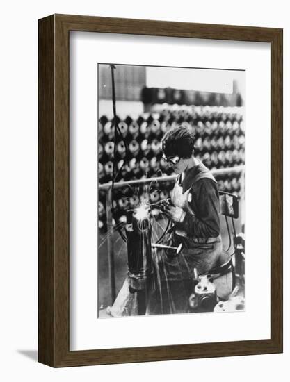 Women Worker in Safety Goggles Doing Acetylene Welding on Cylinder Water Jacket in Factory-null-Framed Photographic Print