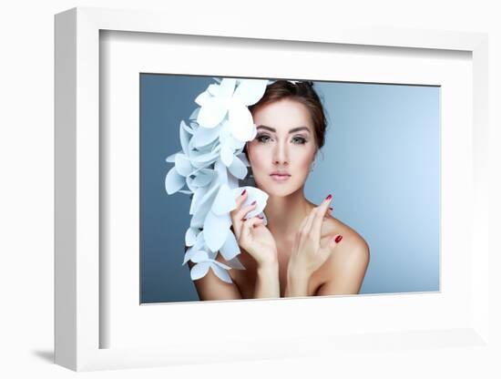 Wonderful Girl in a Hat from Paper White Butterflies. on a Blue Background. Beauty Face-Pandorabox-Framed Photographic Print