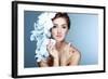 Wonderful Girl in a Hat from Paper White Butterflies. on a Blue Background. Beauty Face-Pandorabox-Framed Photographic Print