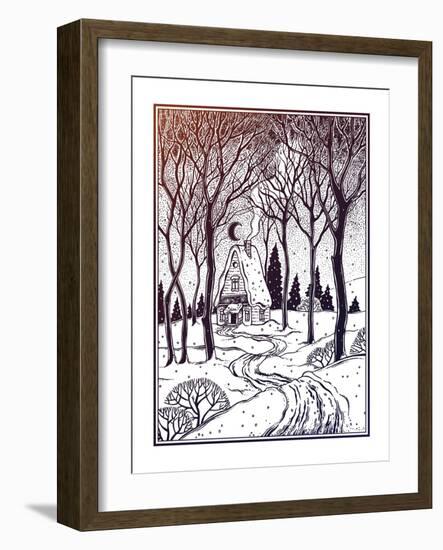 Wood Cabin in Winter Forest Landscape with Trees and Snow Road. Vector Illustration Isolated. Retro-Katja Gerasimova-Framed Art Print