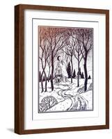 Wood Cabin in Winter Forest Landscape with Trees and Snow Road. Vector Illustration Isolated. Retro-Katja Gerasimova-Framed Art Print