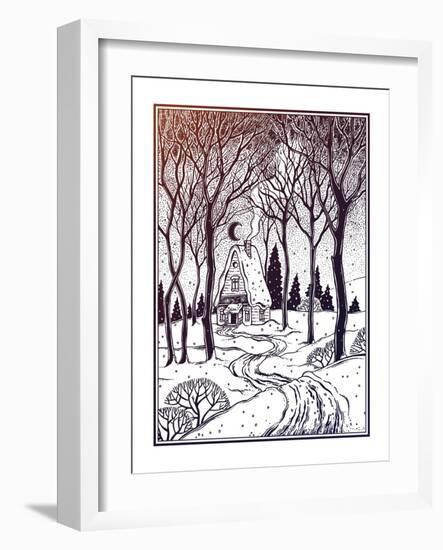 Wood Cabin in Winter Forest Landscape with Trees and Snow Road. Vector Illustration Isolated. Retro-Katja Gerasimova-Framed Art Print