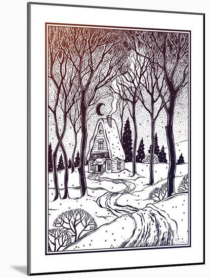 Wood Cabin in Winter Forest Landscape with Trees and Snow Road. Vector Illustration Isolated. Retro-Katja Gerasimova-Mounted Art Print