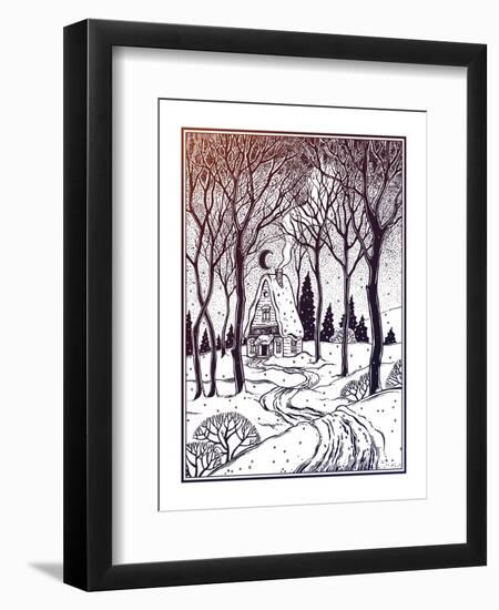 Wood Cabin in Winter Forest Landscape with Trees and Snow Road. Vector Illustration Isolated. Retro-Katja Gerasimova-Framed Art Print