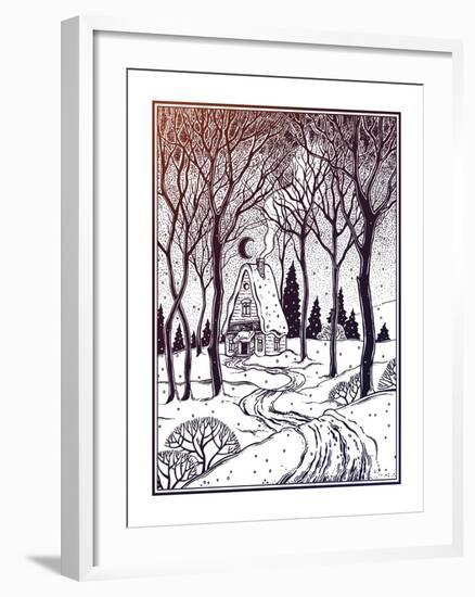 Wood Cabin in Winter Forest Landscape with Trees and Snow Road. Vector Illustration Isolated. Retro-Katja Gerasimova-Framed Art Print