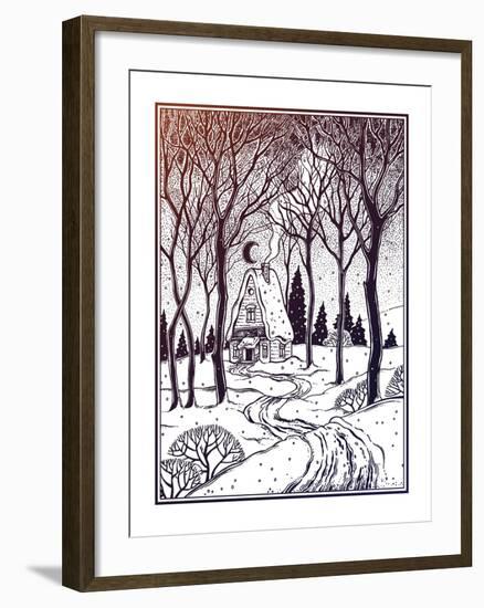 Wood Cabin in Winter Forest Landscape with Trees and Snow Road. Vector Illustration Isolated. Retro-Katja Gerasimova-Framed Art Print