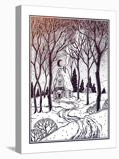 Wood Cabin in Winter Forest Landscape with Trees and Snow Road. Vector Illustration Isolated. Retro-Katja Gerasimova-Stretched Canvas