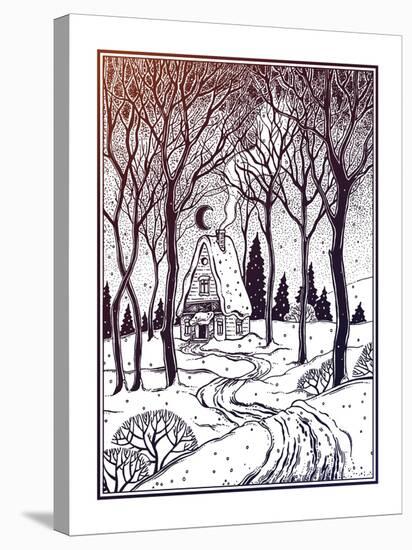 Wood Cabin in Winter Forest Landscape with Trees and Snow Road. Vector Illustration Isolated. Retro-Katja Gerasimova-Stretched Canvas
