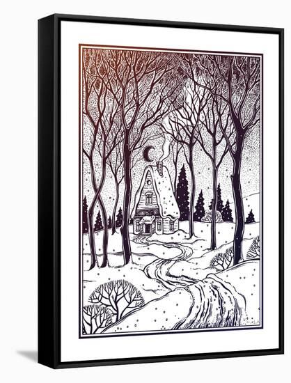 Wood Cabin in Winter Forest Landscape with Trees and Snow Road. Vector Illustration Isolated. Retro-Katja Gerasimova-Framed Stretched Canvas
