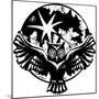 Woodcut Flying Owl with Feathered Wings Spread in Front of a Full Moon.-Jef Thompson-Mounted Art Print