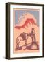 Woodcut of Cowboy with Horse and Mesa-null-Framed Art Print