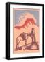 Woodcut of Cowboy with Horse and Mesa-null-Framed Art Print