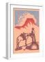 Woodcut of Cowboy with Horse and Mesa-null-Framed Art Print