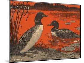 Woodcut of Loons-null-Mounted Art Print