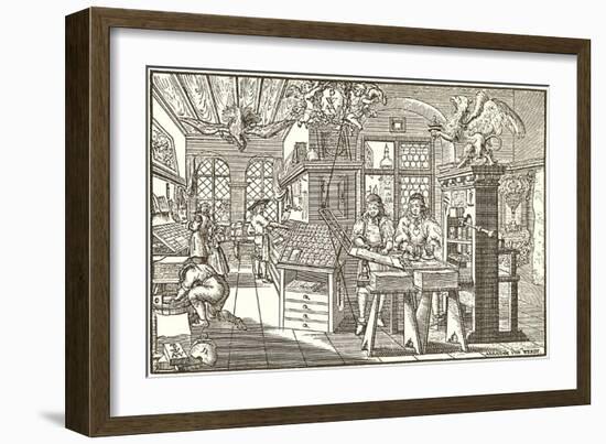 Woodcut of Old Print Shop-null-Framed Art Print