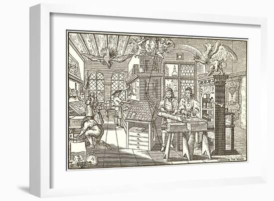 Woodcut of Old Print Shop-null-Framed Art Print