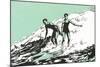 Woodcut of Surfers-null-Mounted Art Print