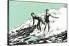 Woodcut of Surfers-null-Stretched Canvas