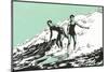 Woodcut of Surfers-null-Mounted Art Print