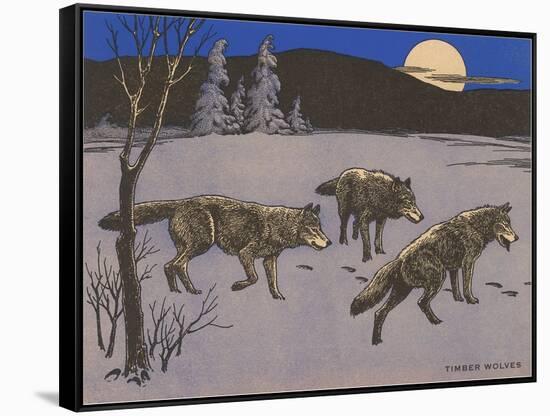 Woodcut of Timber Wolves-null-Framed Stretched Canvas