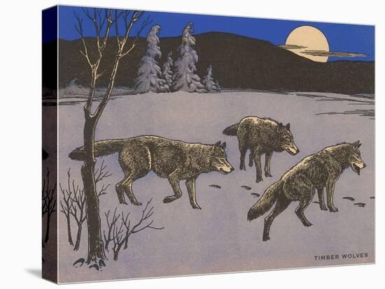 Woodcut of Timber Wolves-null-Stretched Canvas