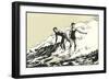 Woodcut of Two Surfers-null-Framed Art Print