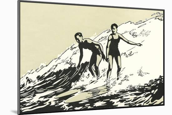 Woodcut of Two Surfers-null-Mounted Art Print