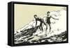 Woodcut of Two Surfers-null-Framed Stretched Canvas