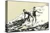 Woodcut of Two Surfers-null-Stretched Canvas